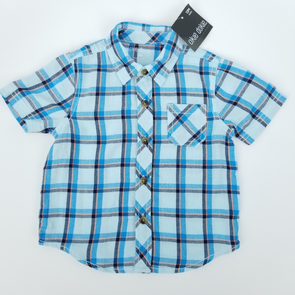 New Okie Dokie Baby 12M Aqua Sky Blue Plaid Herringbone Button Front Shirt Top